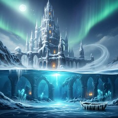 A magnificent, snow-covered castle stands amidst a frozen, ethereal landscape, half submerged beneath icy waters, illuminated by a serene aurora borealis.