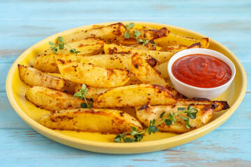 Oven baked potato served with tomato sauce on ceramic plate.