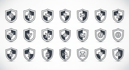 Collection of Security Shield Icons Representing Data Protection and Cyber Security Measures Featuring Different Security Symbols Vector Illustration