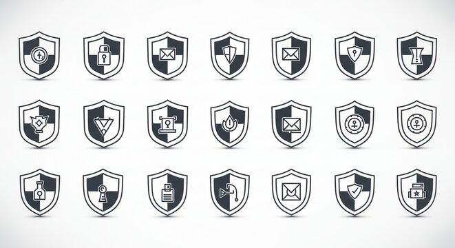 Collection of Security Shield Icons Representing Data Protection and Cyber Security Measures Featuring Different Security Symbols Vector Illustration