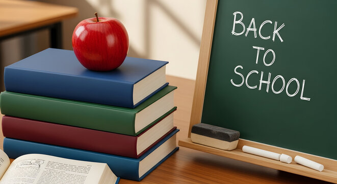 Stack of colorful hardcover books topped with a bright red apple next to a chalkboard with back to school message
