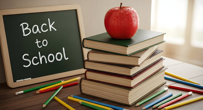 Bright red apple resting on stack of books beside chalkboard with back to school message