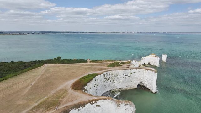 White Cliffs of Old Harry Rocks Jurassic Coast from a drone, Handfast Point, Dorset Coast, Poole, Dorset, England