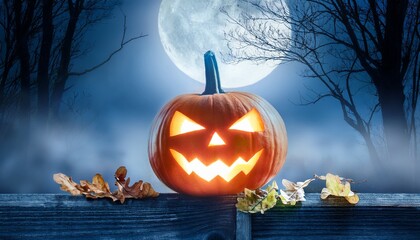 Scary glowing jack-o’-lantern on wooden fence under full moon, surrounded by fog, bare trees, and autumn leaves, creating a spooky Halloween night atmosphere.