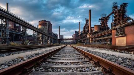 Fototapeta premium Rusty railway tracks lead into an industrial site with towering structures and a cloudy sky at dusk in an abandoned factory setting Generative AI