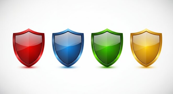Assorted lustrous vibrant shields arrayed against a bright background creating a compelling visual representation of defense and security