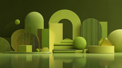 3d rendering of green abstract geometric background. Scene for advertising, technology, showcase, banner, game, sport, cosmetic, business, metaverse. Sci-Fi Illustration. Product display