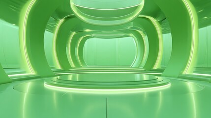 3d rendering of green abstract geometric background. Scene for advertising, technology, showcase, banner, game, sport, cosmetic, business, metaverse. Sci-Fi Illustration. Product display