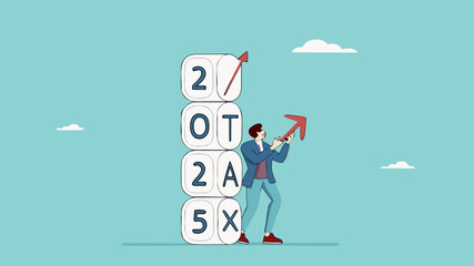 2025 tax, tax percentage policy each year, businessman with 2025 tax dice examines tax increase graph using a magnifying glass