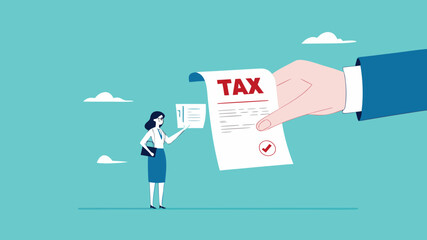 income tax burden or wealth tax, businesswoman holding saving bank looking at tax bills, financial charge and duty to pay for government, wealth management concept vector illustration