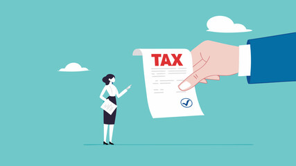 income tax burden or wealth tax, businesswoman holding saving bank looking at tax bills, financial charge and duty to pay for government, wealth management concept vector illustration