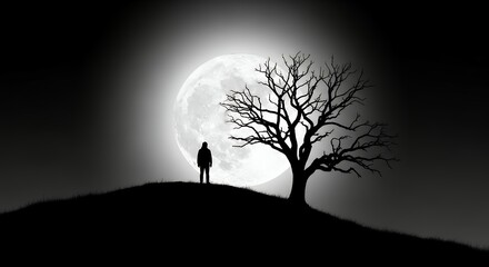 Mysterious Silhouette: Contemplative figure beneath a luminous full moon alongside a bare silhouetted tree casting a serene monochrome ambiance