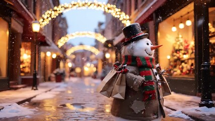 Snowman carries shopping bags down street. Christmas light arch over winter market. Snow falls and shop window glow makes festive atmosphere.Evening reflection on wet pavement adds cozy holiday mood. - Powered by Adobe