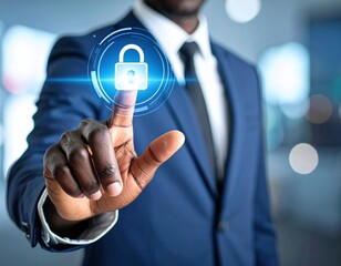 A dark-skinned professional in a suit interacts with a glowing, touch-sensitive lock graphic against a blurred, bokeh background