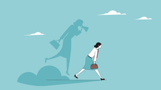 businesswoman shadow yelling to himself with megaphone concept illustration, negative critic thinking to blame your self, depressed businesswoman self shadow blame with megaphone illustration