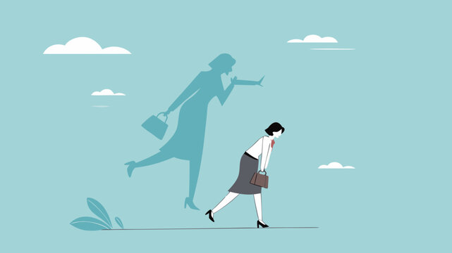 businesswoman shadow yelling to himself with megaphone concept illustration, negative critic thinking to blame your self, depressed businesswoman self shadow blame with megaphone illustration