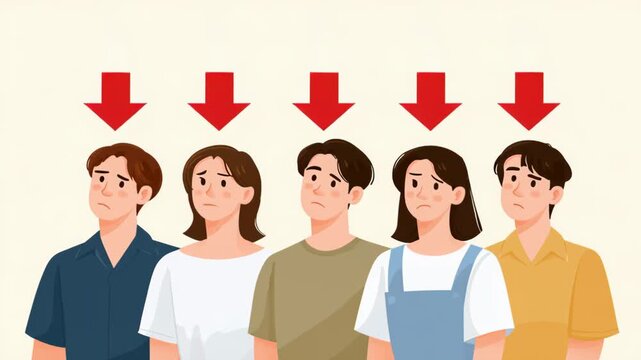 Declining customer confidence concept. A downward arrow symbolizing reduced confidence in spending and a decrease in domestic consumption and services.