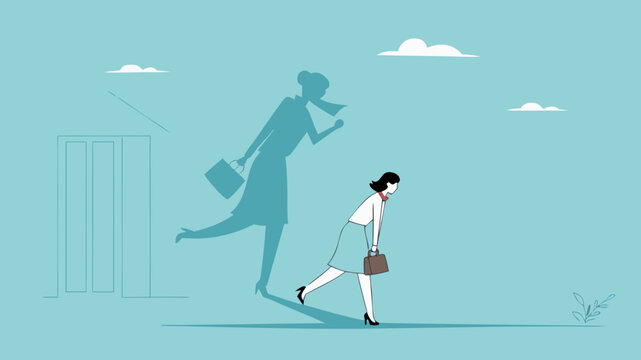 businesswoman shadow yelling to himself with megaphone concept illustration, negative critic thinking to blame your self, depressed businesswoman self shadow blame with megaphone illustration