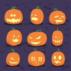 Cute Halloween pumpkins with carved faces and flying bats vector illustration