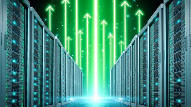 Data center with glowing green arrows pointing upward into the sky, symbolizing rising capital expenditure in the data center, database, and AI business.