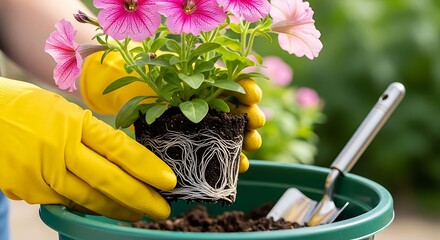 Close-up view of hands in yellow gardening gloves carefully transplanting a flowering plant with visible roots into a green pot, surrounded by vibrant pink flowers and garden tools.