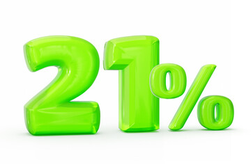 Green jelly digit 21% or Twenty one percent isolated on white background. 3d illustration