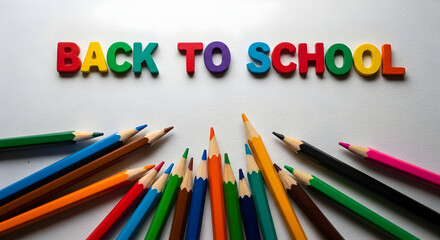 Colorful wooden pencils arranged in a fan shape with the words back to school in vibrant block letters above