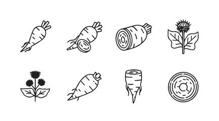 Collection of root vegetable and flower silhouettes in a simple line art style