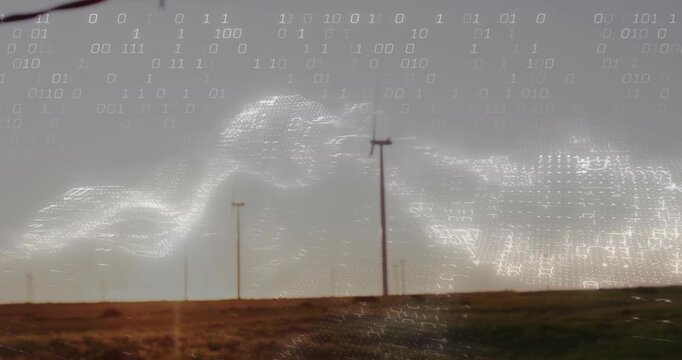 Camera tilting downward wire fading binary code merging with waves around poles forming data storm