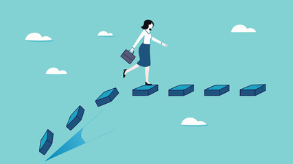 Overcoming obstacles to achieving success, woman crosses a bridge that will collapse to achieve business goals or career success, overcoming problems in business, strategy to get out of trouble