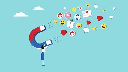 attraction marketing, strategy to result in making more sales, increasing interaction in digital marketing strategies, business woman carry large magnets to generate high content engagement