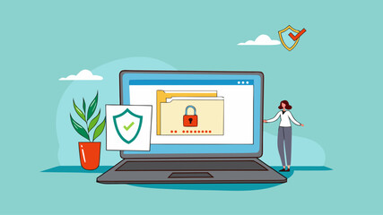 confidential document, security or protection for archiving important files or documents, secret security key for privacy protection, woman locks document folder on laptop with security padlock