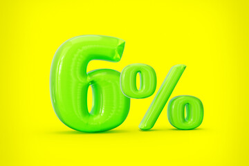 Green jelly digit 6% or Six percent isolated on yellow background. 3d illustration