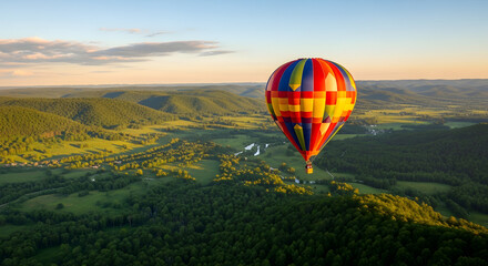Fototapeta premium Vibrant multicolored hot air balloon adventure over rolling hills and forests during a golden sunset