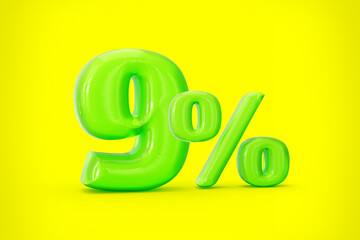 Green jelly digit 9% or Nine percent isolated on yellow background. 3d illustration
