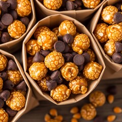 Paper cones overflowing with caramel popcorn and chocolate chips, a delectable mix of sweet and savory snacks.