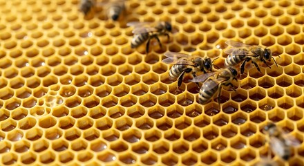 Close-up view of honeybees diligently working on a honeycomb, showcasing the intricate structure and golden hues.