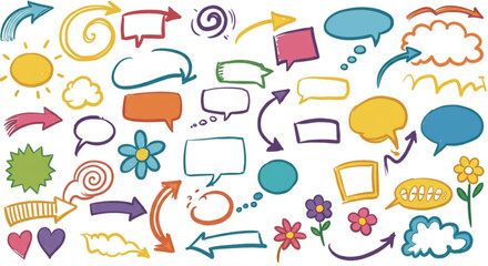Cheerful hand-drawn arrow, speech bubble and flower doodles for vibrant design projects and presentations