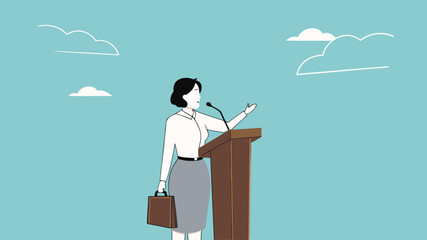 Fototapeta premium public speaking skills, executive management skill to communicate with employee, , illustration of a person expressing an opinion, business woman makes a speech giving direction to employees