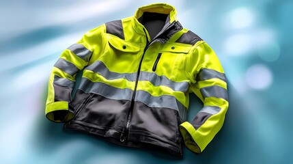 Bright Safety Jacket with Reflective Stripes on Blue Background