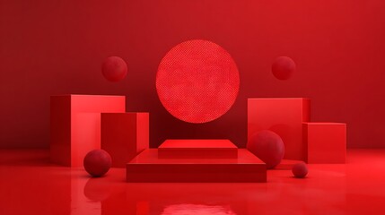 3d rendering of red abstract geometric background. Scene for advertising, technology, showcase, banner, game, sport, cosmetic, business, metaverse. Sci-Fi Illustration. Product display