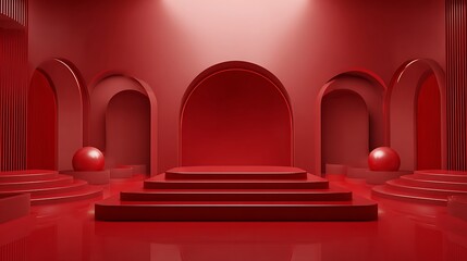 3d rendering of red abstract geometric background. Scene for advertising, technology, showcase, banner, game, sport, cosmetic, business, metaverse. Sci-Fi Illustration. Product display