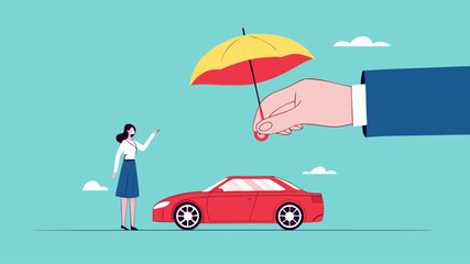 car insurance or insurance against driving accident, automobile protection concept, assurance cover for transportation accident, big businesswoman hand protects the car and its owner from danger