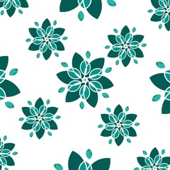 Obraz premium Seamless floral pattern. ​Seamless pattern with abstract stylized floral or mandala shapes in shades of teal and dark green on a white background. Geometric, symmetric, elegant design.