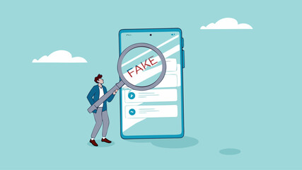 caution illustration with the concept of a businessman examining fraudulent messages using a magnifier, fraudulent messages concept illustration, the lure of fake gifts concept illustration