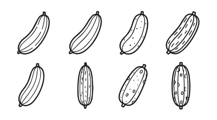Collection of hand drawn cucumber silhouettes with varying details and styles