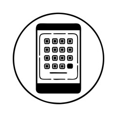 Vector art of a simple icon of a smartphone with a keypad on the screen, representing mobile technology and communication