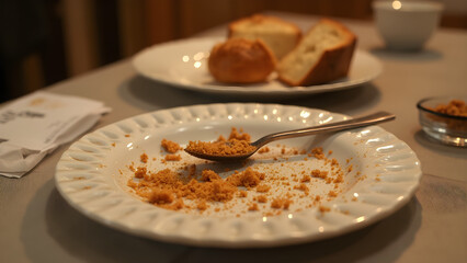 birthday feast leftovers. empty platter with crumbs. realistic birthday celebration. party food remnants on plate.