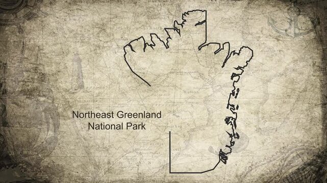 Northeast Greenland National Park map drawn on a cartography background sheet of paper