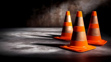 Orange Traffic Cones on Dark Background with Creative Lighting Effect